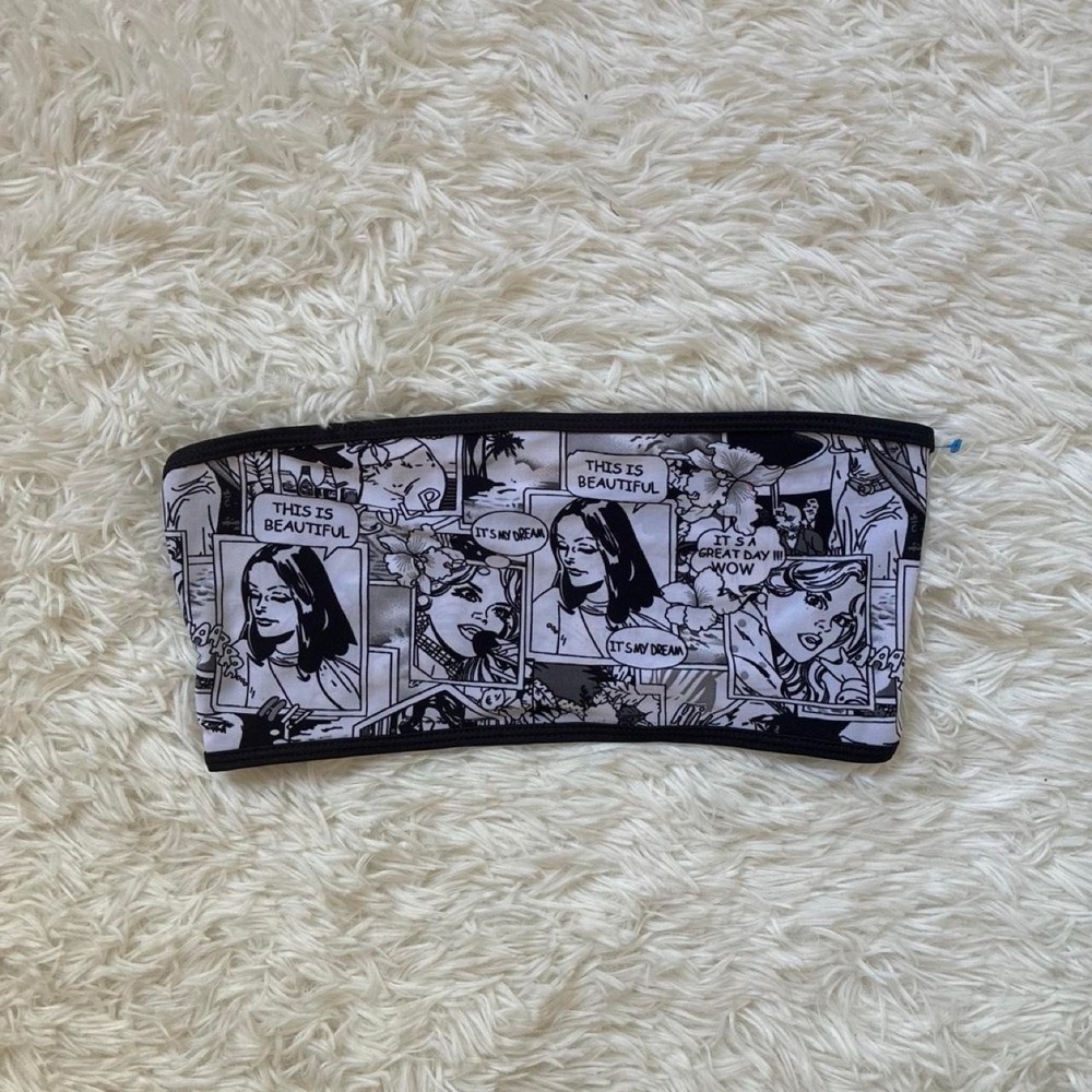 Grunge punk Alt Black & white comic print bandeau tube top Size M